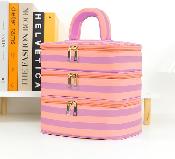 Three Layer Makeup Bag for Women Fashion Stripes Cosmetic Bag Preppy Style Travel Water-Resistant Toiletry Bag for Storage Toiletries Cosmetics Sets for Women Teen Girls Purple