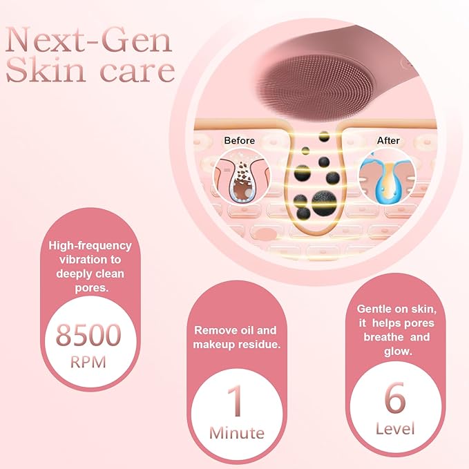 LZP Facial Cleansing Brush Face Scrubber, Silicone Electric Exfoliator Scrubber with 6 Speeds, Rechargeable Face Scrubber for Cleansing, Waterproof Face Scrub Brush for Men & Women