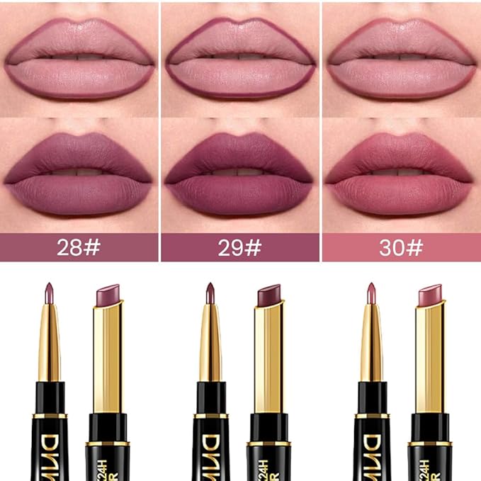 BINGBRUSH 3Pcs Double Ended More Mauve Berry Blush Matte Lip Liner and Lipstick Makeup Combo Set for Women,Lipliner 24 Hours Original Waterproof Long Lasting Lip Stains Pencil Kit Set