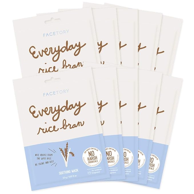 FACETORY K Beauty Face Mask Skin Care - Everyday RICE BRAN Soothing Sheet Mask | Plant-Based Rice Face Mask (10 Pack)