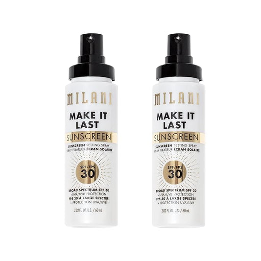 Milani Sunscreen Setting Spray + Primer, Make It Last Sunscreen for Face- SPF 30 UVA & UVB Protection Antioxidant Rich Formula for Broad Spectrum Protection, Prime + Set + Protect, 2.02Fl. Oz - 2 Pack