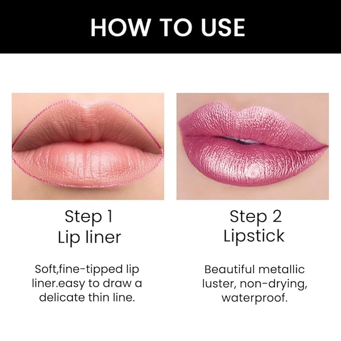 Kaely 2-in-1 Rose Pink Metallic Shine Shimmer Lip Liner & Lipstick Combo Set Kit for Women, Lightweight Hydrating Formula High Impact Full Coverage Lipstick and Lip Liner Makeup Stains Gloss 21