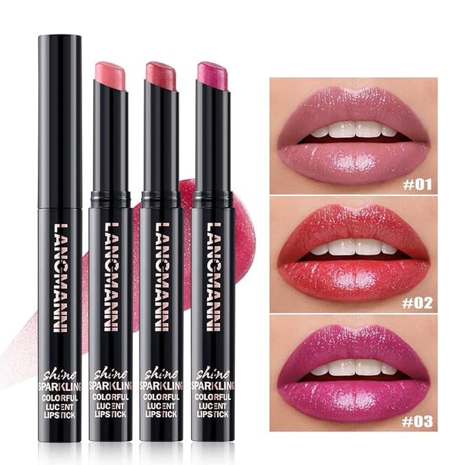 Jolilab 4Pcs Sparkling Lipstick Lip Gloss Long Lasting Waterproof Moisturizer Lip Balm Glitter Shimmer Metallic Lipstick, Diamond Shiny Bold Glow Goth Lipstick for Women Girls,Non-sticky(01+02+07+08