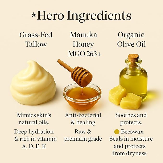 100% Grass-Fed Beef Tallow Balm, Manuka Honey MGO263+, Organic Beeswax & Olive Oil, Beef Tallow for skin,Handmade Moisturizer for Dry Skin, Eczema Relief, & Healing Skin(2oz, Vanilla)