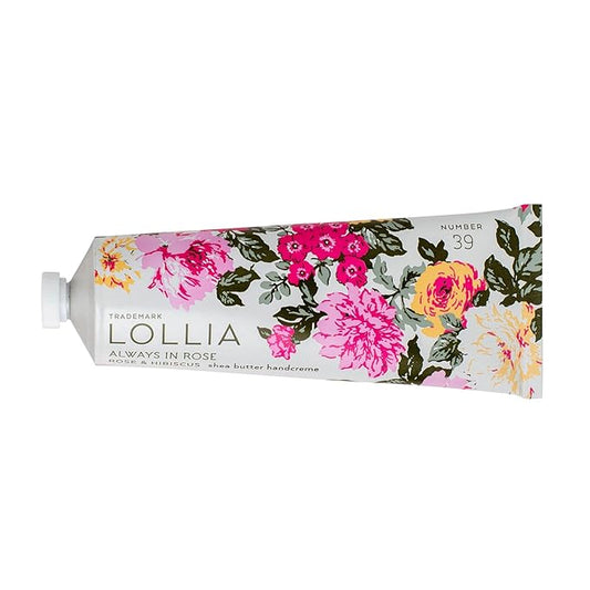 LOLLIA Always in Rose Handcreme, 4 oz., Rose & Hibiscus Scented Hand Cream for Women, Moisturizing Luxury Skin Care for Dry Hands with Shea Butter & Cocoa Butter, Quick Absorbing Lotion