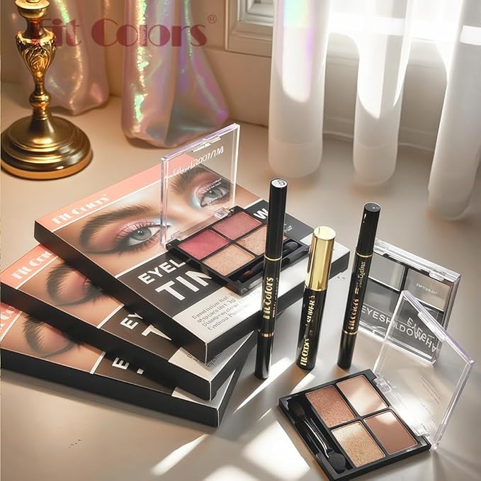 4-in-1 Eye Makeup Kit 4-Color Eyeshadow Palette Double-Ended Liquid Eyeliner Volumizing Mascara Eyebrow Pencil & Brush for Daily Makeup（02#)