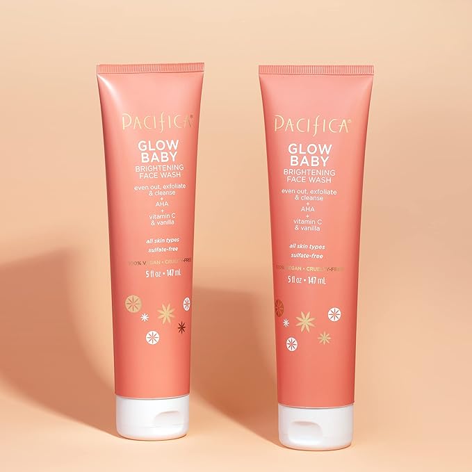 Pacifica Beauty Glow Baby Brightening Face Wash Set, Skincare, Face Cleanser, Exfoliator, AHA, Even Skin Tone, VItamin C, Vanilla, Sulfate and Paraben Free, Vegan, 5 fl oz Each (Set of 2)
