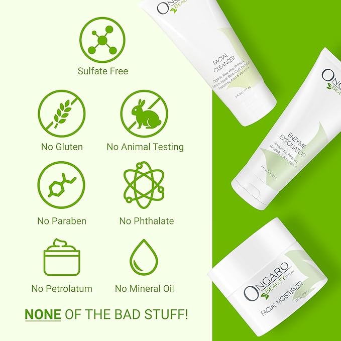 Ongaro Beauty Your Best Skin Today Set - Hydrating Facial Cleanser Wash, Gentle Exfoliating Face Scrub, and Hydrating Face Moisturizer, Complete Skincare for All Skin Type for Men & Women - 12 Fl Oz