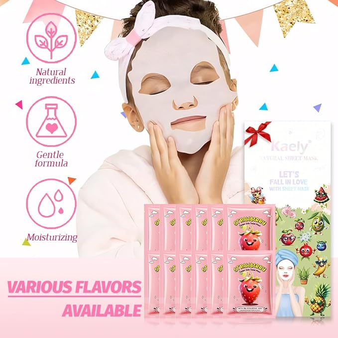 Kaely 12 Pack Strawberry Face Masks for Kids, Kids Face Mask Spa Day Kit Supplies, Spa Party Favors for Teens Girls Women, Sheet Facial Mask Skincare Gifts Set, Moisturize for All Skin Types, 06