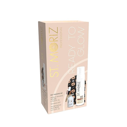 St Moriz Ready to Glow Self-Tan Gift Set – Medium Tanning Mousse, Face Drops & Velvet Mitt – Self Tanner Kit for Face & Body, Vegan, Streak-Free, Fast-Drying, Easy to Apply