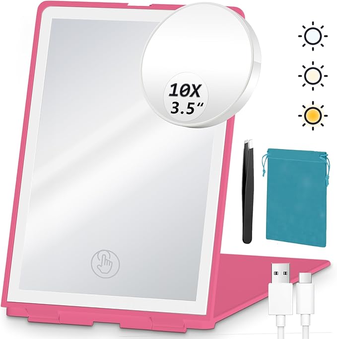 Travel Makeup Mirror with Light, Rechargeable Portable Folding Compact Mirror Set with Tweezer, Lighted Makeup Mirrors with 72 LED 3 Color Light Modes, Dimmable Touch Screen LED Mirrors-Rosy