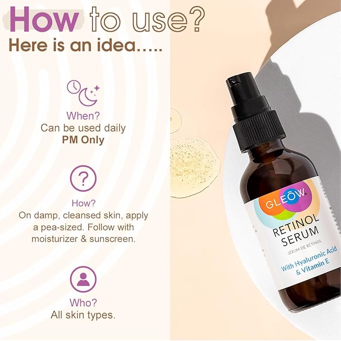 GLEOW Retinol Serum for Face with Hyaluronic Acid, Retinol for Face Is Suitable for All Skin Types, Hydrating Serum Women and Men Plumps Youthful Appearance 2oz