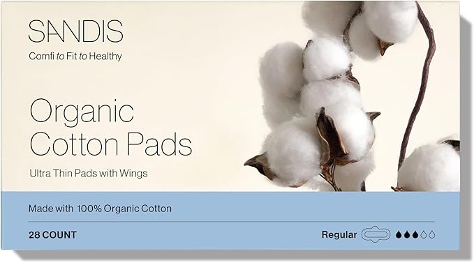 SANDIS Feminine Pad for Women - Regular 28 Count 100% Organic Cotton Ultra Thin with Wings for Periods Menstrual Pads Sanitary Napkins Super Absorbency Leak Protection