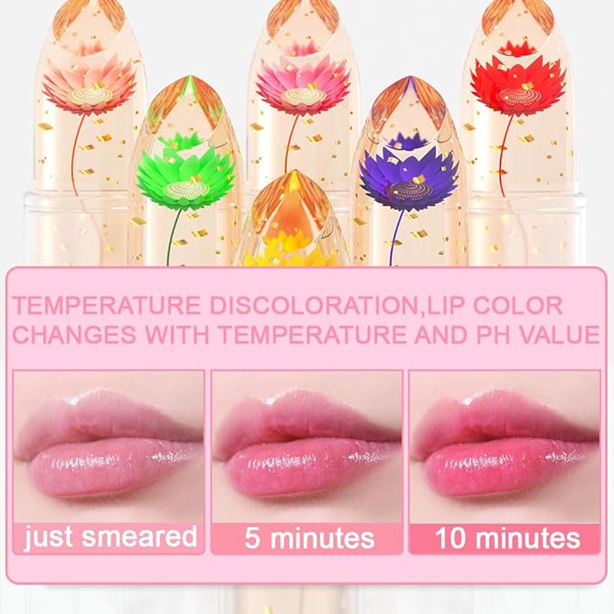 BINGBRUSH Crystal Flower Jelly Color Changing Lipstick,Long Lasting Lip Care Moisturizer Lip Balm Magic Color Change Lip Gloss Lip Tint Stain Matte Makeup Lipstick (05#Green flower)