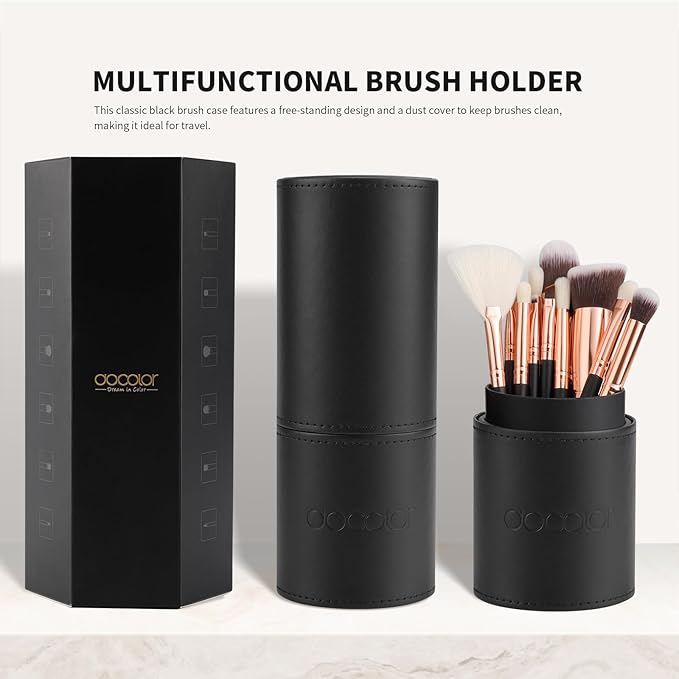 docolor Makeup Brush Set Professional, 15 PCS Black Wood Handle Makeup Brushes, Premium Cruelty-Free Synthetic Fiber Hair, Travel Make up Brushes Set with Case