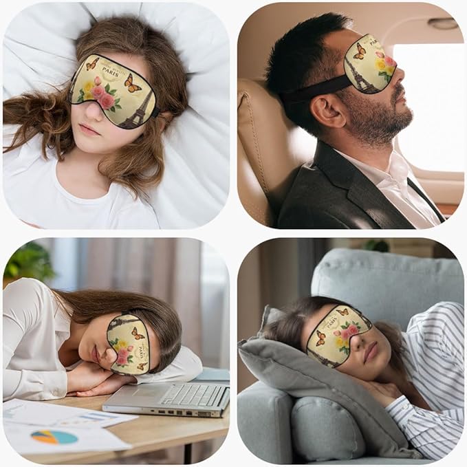 Eiffel Tower Eye Mask Sleeping Mask Vintage Paris Postcard Flower Butterfly Sleep Masks Silky Soft Eye Cover for Women Men Shading Blindfold for Air Travel Sleeping