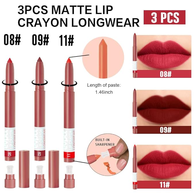 evpct 3Pcs Dark Ruby Deep Apple Red Matte Lipstick and Lip Crayon Stick Liner Pencil Set Sharpener Waterproof Long Lasting 24 Hour Lipstick Lip Liner Crayon labiales mate 24 horas originales 8&9&11