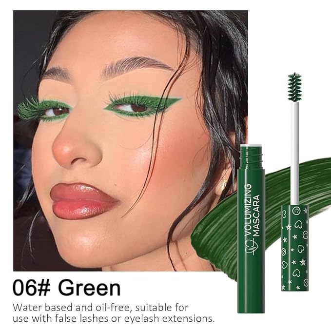 Green EyeLashes Mascara, Waterproof Long lasting Charming Voluminous Cruelty Free Vegan Green Eye Makeup, Mmascara Waterproof