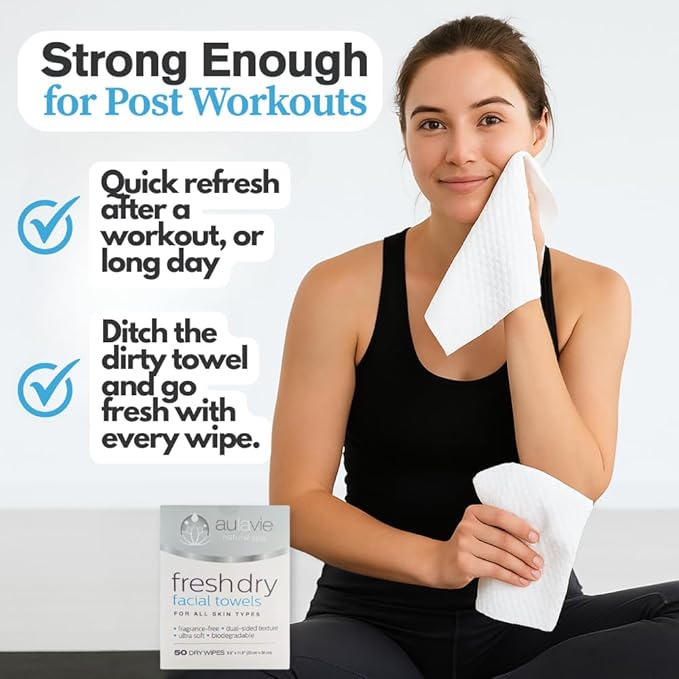 AULAVIE Fresh Disposable Face Towels, XL Self Care Dry Cleansing Cloth for All Skin Types, Ultra Soft Makeup Remover Wipes, Dry Towelettes for Acne and Skincare, Biodegradable; 10"x12" - 50 Wipes