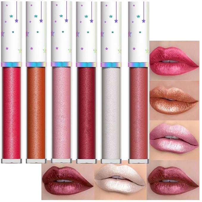 evpct 6Pcs Rose Bronze Gold Nude Pink White Dark Maroon Red Metallic Shimmer Glitter Lip Gloss Liquid Lipstick Set for Women Long Lasting Waterproof 24, Pearlescent Sparkly Glossy Lipsticks Lip Makeup