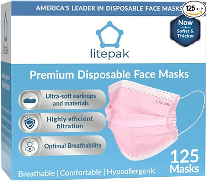 Litepak 125-Pack Disposable Face Mask Premium Comfort Earloops with Dispenser Box (Pink)