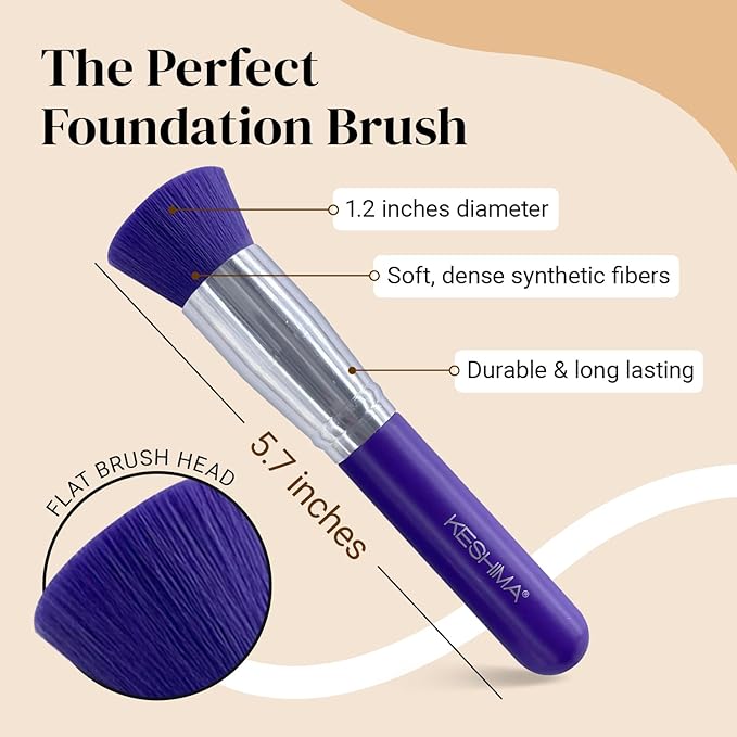 Keshima Foundation Brush Flat Top Kabuki - Premium Foundation Brush for Liquid Makeup, Cream, and Powder - Buffing, Blending, and Face (Regular Size, Neon Purple)