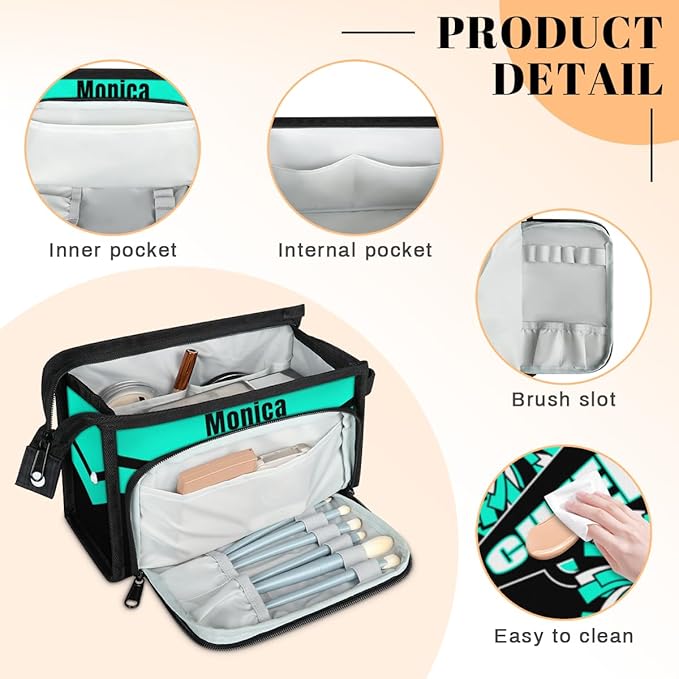 Custom-Makeup-Bag Personalized Travel Toiletry Bag Text Customized Cheer Makeup Bags Cosmetic Bags for Women With Divider & Handle Blue Green