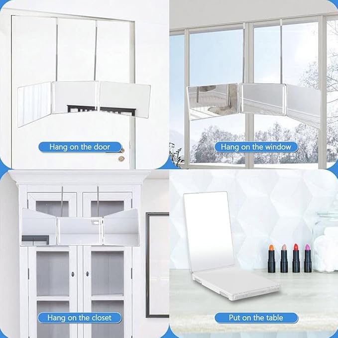 HIEEY 3 Way 360 Trifold Mirror with LED, Height Adjustable Telescoping Hooks,and 5X Magnification for Makeup,Hair Cutting/Styling (White)