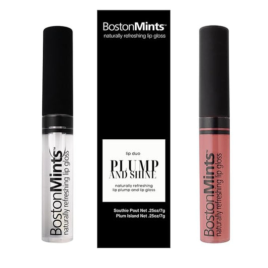 Plump & Shine Lip Duo Set - Plum Island Lip Gloss (.25oz) and Lip Plumper Southie Pout (.25oz) - Naturally Refreshing Vegan Lip Gloss