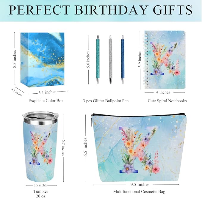 Personalized Gifts Monogrammed Birthday Gifts for Women, Soul Sister Bachelorette Party Wedding Christmas Initial 20 oz Tumbler, Makeup Bag Cup Pens Journal Notebook 6 Set, (Aesthetic Blue Flower K)