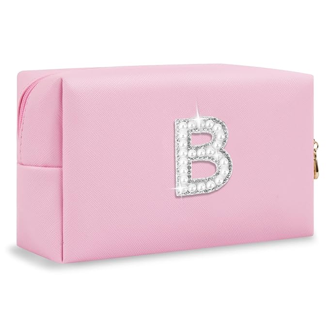 ChaoGreat Bride Gifts – Personalized Initial Makeup Bag with Pearl Rhinestone Patch, Preppy Pink Monogram Cosmetic/Toiletry Pouch, bridesmaid Gifts, Bridal Shower Gifts, Wedding Gifts, Bridal Gifts,B