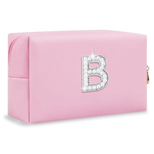 ChaoGreat Bride Gifts – Personalized Initial Makeup Bag with Pearl Rhinestone Patch, Preppy Pink Monogram Cosmetic/Toiletry Pouch, bridesmaid Gifts, Bridal Shower Gifts, Wedding Gifts, Bridal Gifts,B