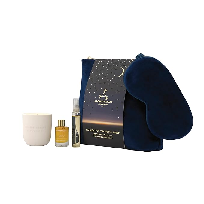 Aromatherapy Associates Moment of Tranquil Sleep. Luxurious Holiday Gift Set Includes Deep Relax Bath & Shower Oil, Sleep Mist, Candle Votive, Eye Mask and Lush Velvet Bag (1 Count)