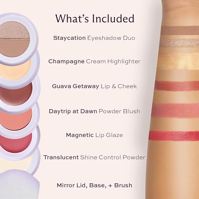 Subtl Staks 6-in-1 Stackable Travel Makeup Kit by Subtl Beauty - New Lip Glaze, Eyeshadow, Highlighter, Lip + Cheek, Blush, Shine Control - Includes Mirror & Brush - Compact Makeup for On the Go