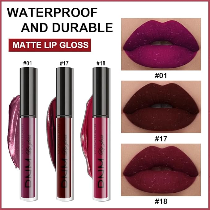 AMY'S DIARY Dark Red Purple Matte Plum Liquid Lipstick 3Pcs Sets,24-hour Lipstick Dark Deep Maroon Purple Brown Plum Red Lip Stain 24 Smudge Waterproof for Women