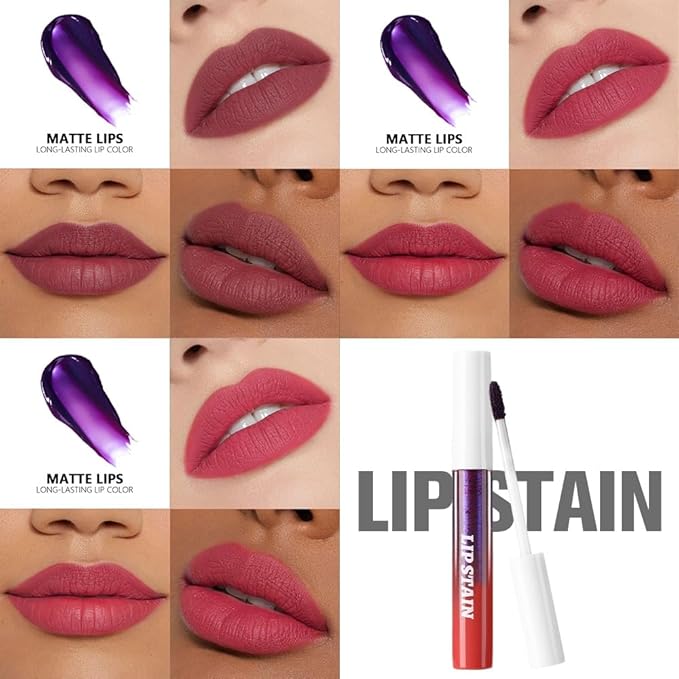 evpct 3Pcs Peel Off Lip Stain Tints, Maroon Mauve Red Matte Liquid Lipstick Lip Stain Long Lasting Waterproof for Women, Non-stick Cup Lipstick Peel Off Highly Pigmented Not Faded Smudge-proof Liptint