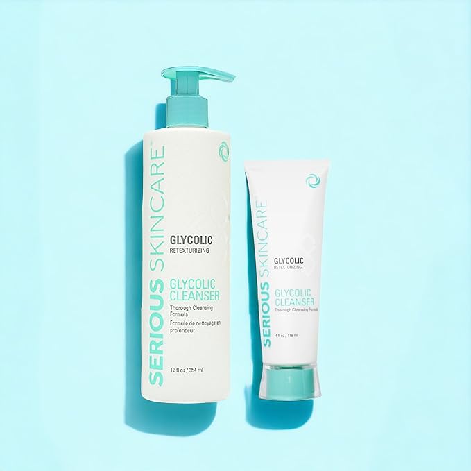 Serious Skincare Glycolic Cleanser - Glycolic Acid Skin Exfoliating Face Wash - 10% Glycolic Acid - Deep Pore Purifying - Removes Makeup, Oil, and Impurities - Shave Prep - Anti-Aging AHA 12 Oz & 4 Oz