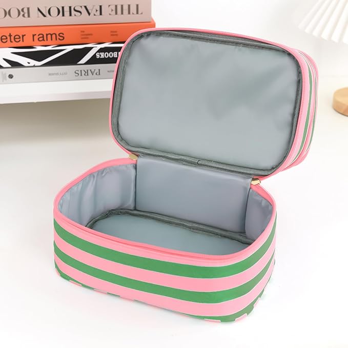 Three Layer Makeup Bag for Women Fashion Stripes Cosmetic Bag Preppy Style Travel Water-Resistant Toiletry Bag for Storage Toiletries Cosmetics Sets for Women Teen Girls Green
