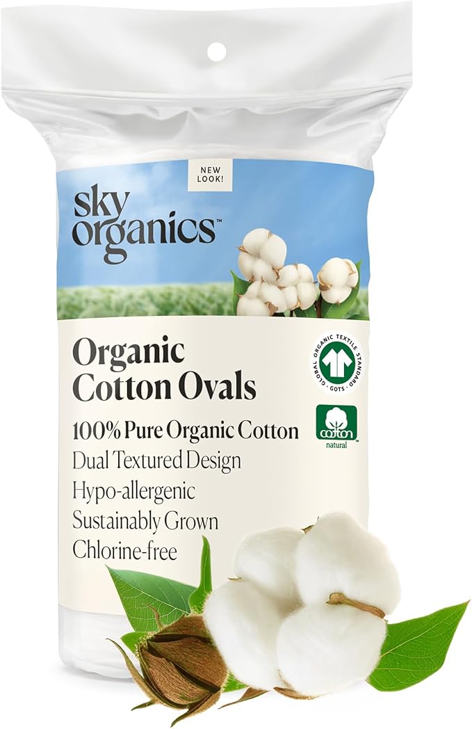 Sky Organics Organic Large Oval Cotton Pads, 100% Pure Organic Cotton, GOTS Certified Cotton, Dual Textured Design, for Makeup Removal, Cleansing, Toner Application w Ebook