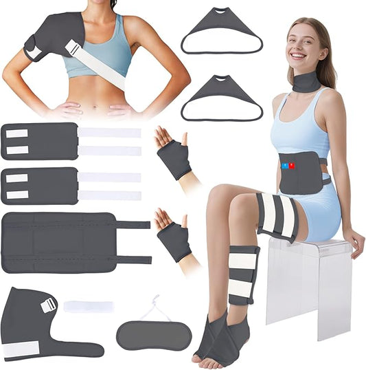 Castor Oil Pack Wrap, 9 Pcs Organic Castor Oil Packs Kit for Entire Body Neck Shoulder Waist Back Hand Knee Leg and Feet, Reusable Pads Kit for Hot/Cold Castor Oil Compress for Woman/Man【Grey】