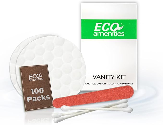 ECO amenities Cotton Rounds Travel Set - 500-Piece White Set - Individually Wrapped Cotton Swabs & Disposable Nail Files - Bulk Travel Toiletry Kit for Hotels