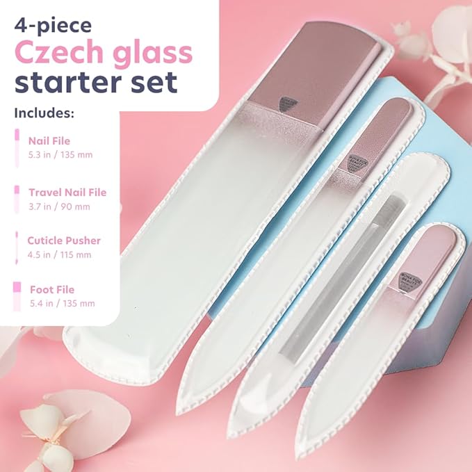 Bona Fide Beauty Handmade Czech Glass Manicure Pedicure Gift Set for Women, 4PC Gift Set in Rose Gold with Glass Foot File, Cuticle Pusher, Mini File and Regular Nail Filer