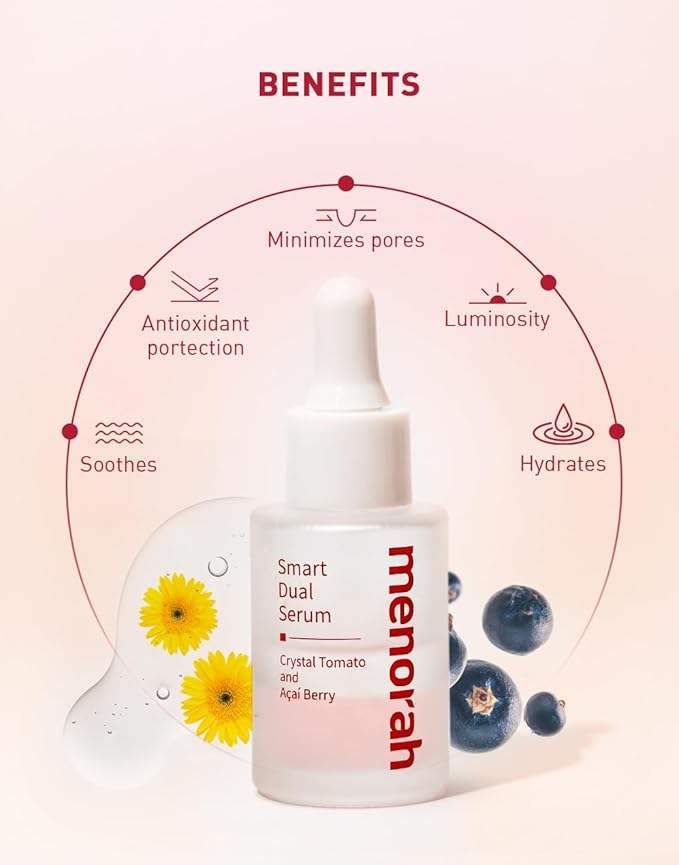 menorah skincare - Smart Dual Serum - with Crystal Tomato and Acai Berry, Anti-Aging Face Serum with Vitamin C+E, Natural Coconut & Palm Oils, Glow & Hydration Booster, Oil-Infused Formula