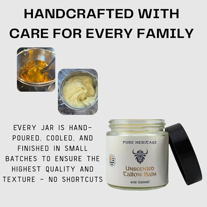 Pure Heritage Handmade Tallow Balm – Unscented Grass-Fed & Finished Moisturizer & Healing Cream | Natural Care for Sensitive Skin, Eczema, Rosacea, Babies, Men & Women (2oz)