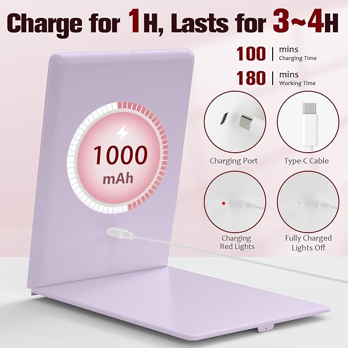 Travel Makeup Mirror with Lights, Rechargeable Portable Folding Compact Mirror with Tweezer, Lighted Makeup Mirror with 72 LED 3 Color Light Modes, Dimmable Touch Screen LED Mirrors-Purple