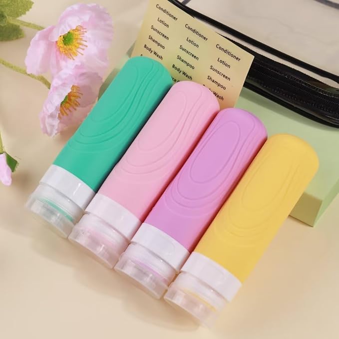 GLAMFIELDS Travel Bottles for Toiletries, 3oz Size TSA Approved Leak Proof Silicone Containers for Shampoo, Conditioner,Easy to Squeeze and Portable, Essentials for Traveling (4 Pack) Macaron