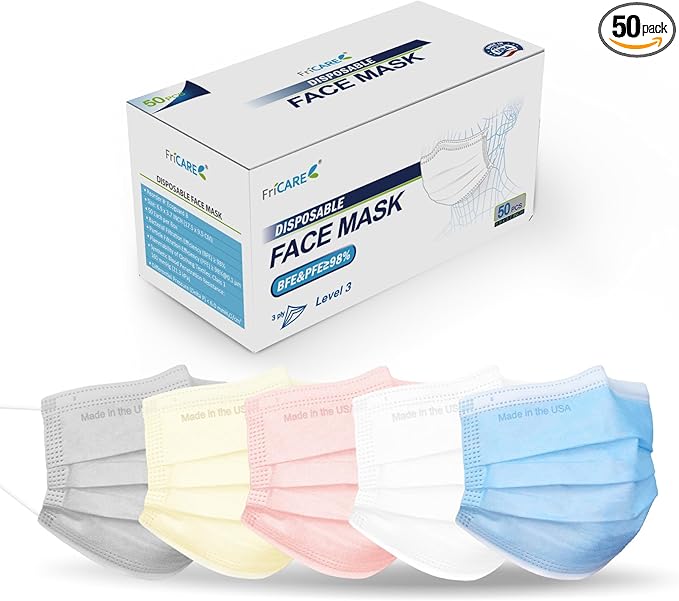FriCARE Made in USA Disposable Face Masks, 3-Ply ASTM Level 3 Medical Grade, Breathable & Comfortable for Adult Daily Work/Sun Protection, 50 Pack Frosted Glacier