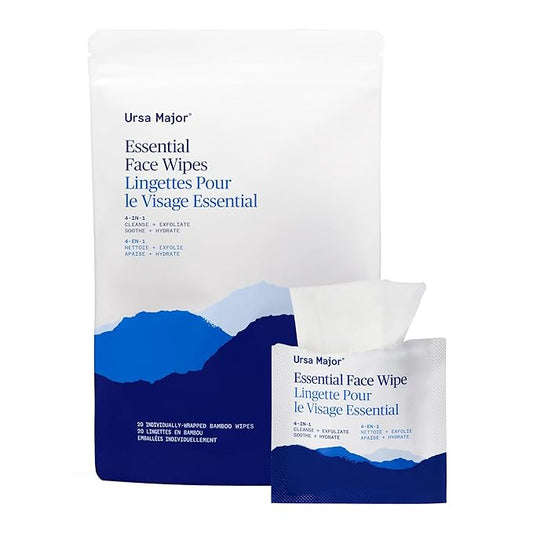Ursa Major Essential Face Wipes | Natural, Biodegradable, Cruelty-Free | Cleanse, Exfoliate, Soothe and Hydrate | Individually Wrapped | 20 Count