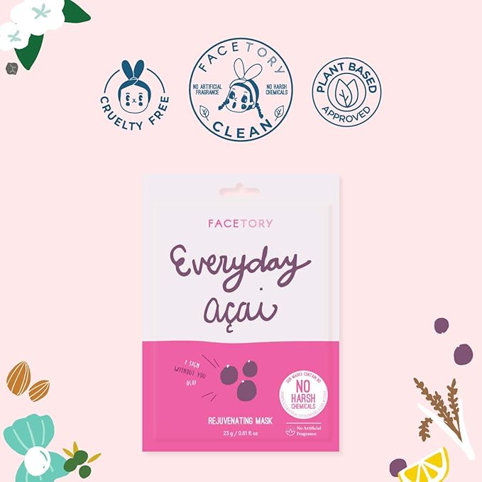 FACETORY K Beauty Face Mask Skin Care - Everyday ACAI Rejuvenating Sheet Mask | Plant-Based with Acai Infusion (10 Pack)