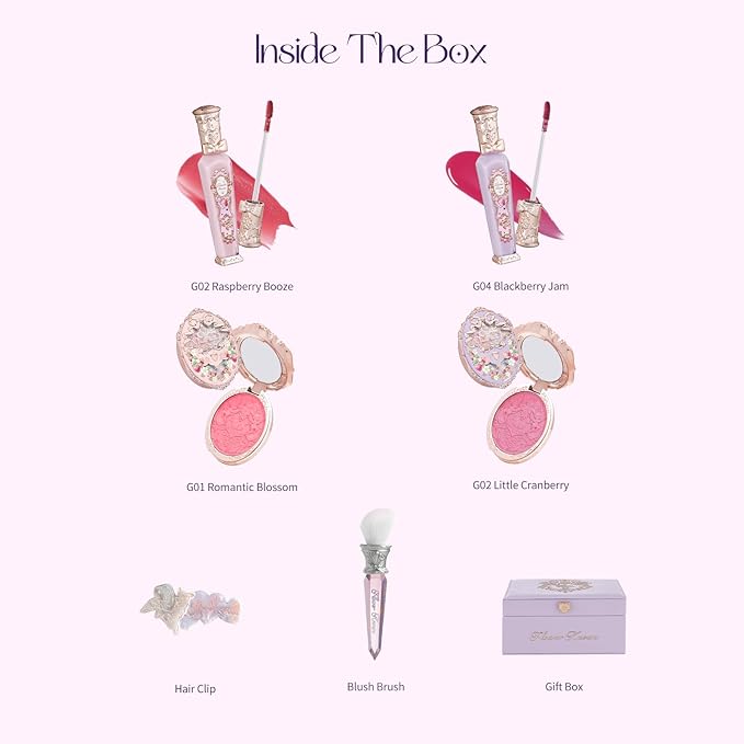 Flower Knows Violet Strawberry Rococo Gift Box Set,7 Pack Makeup Box with Mirror,Lip Gloss×2+Blush×2+Blush Brush×1+Hair Clip×1+Gift Box×1,Perfect Makeup Gift for Girls & Women